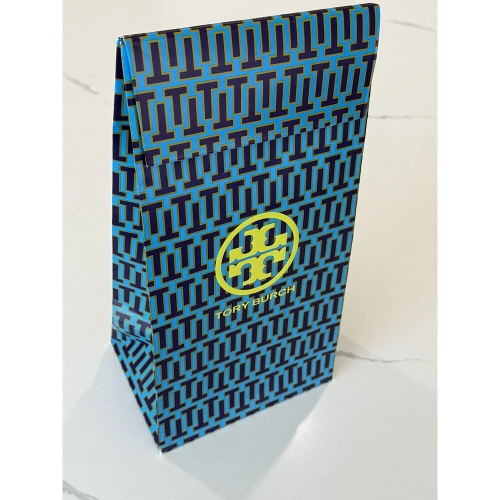 Tory Burch Blue Lime Geometric Gift Bag‎ 13x7x5 Tall Decor Flap Closure EUC